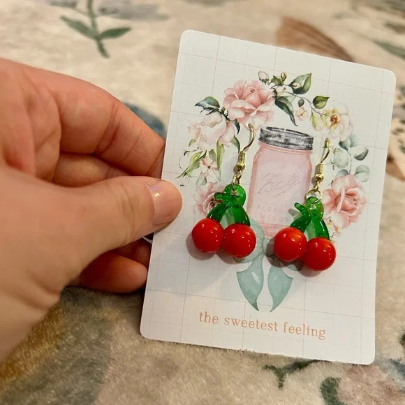 Red Glass Cherry Dangle Earrings - Picture 4 of 5
